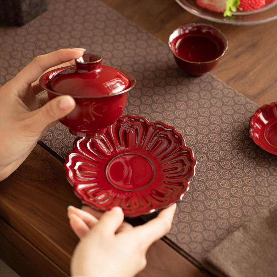 Zhuang Chuiren quặng thô bào thai sắt Tử Cấm Thành màu đỏ hình hoa sen tám cánh ba chỉ có nắp bát gốm sứ pha trà chén trà