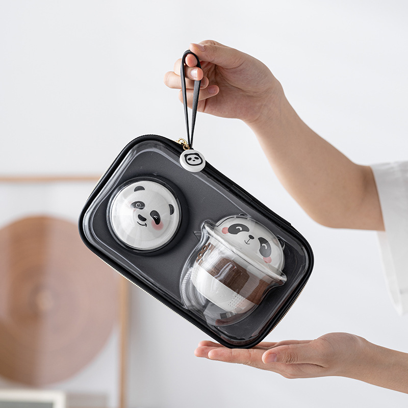 Bộ dụng cụ trà du lịch di động bằng gốm sứ Panda Kuaike Cup Bộ một ấm ba cốc cắm trại ngoài trời ấm trà