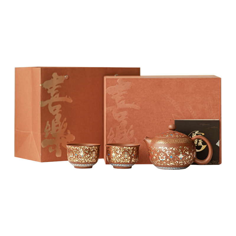 Bộ một bình cát tím hoa sen bọc bộ hai cốc bộ ấm tay cầm kiểu Trung Quốc bộ trà đơn giản pha trà tặng người lớn tuổi