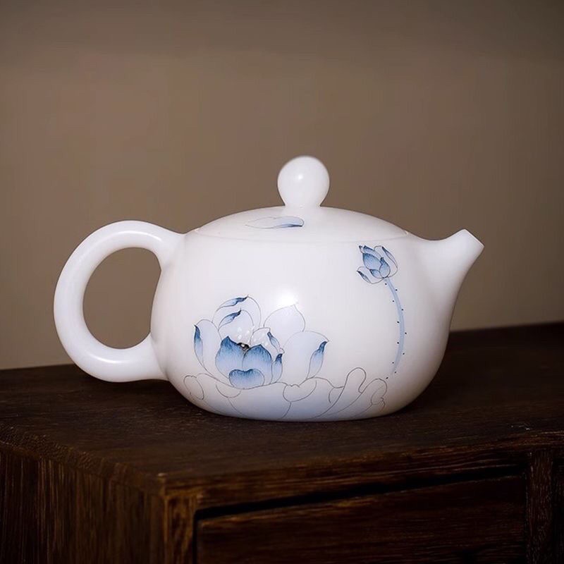 Ấm trà nhỏ vẽ tay ấm trà đá mỡ cừu ngọc gốm nung trơn Xi Shi 200ml Guo Zhibao ấm trà gốm sứ thủ công