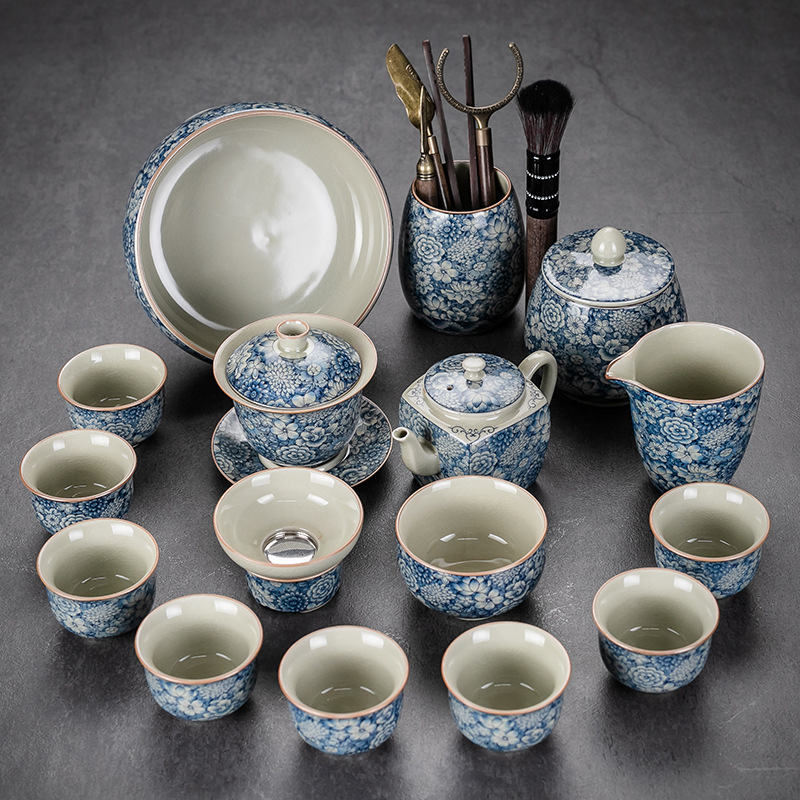 Bộ ấm trà Kung Fu bằng sứ xanh trắng bằng đất sét cũ, bộ ấm trà cốc trà có nắp đậy văn phòng kiểu Trung Quốc sang trọng nhẹ cho gia đình