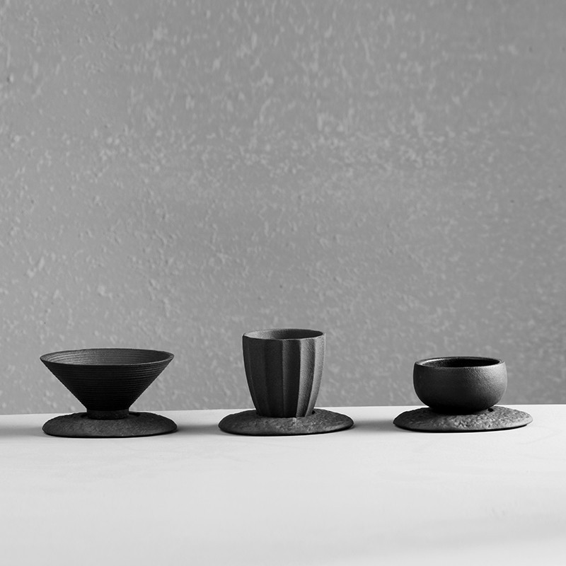 Bộ ấm chén trà gốm sứ đá núi lửa Đài Loan, màu đen trắng, kiểu chén nón, chén cá nhân, chén chủ, bộ trà kung fu đất sét