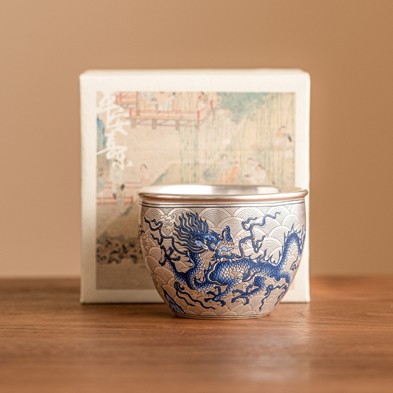 Cốc bình phong hoa văn rồng trắng xanh mạ bạc 999 cốc đơn cao cấp cốc chủ nhân Bộ trà Kungfu cốc trà
