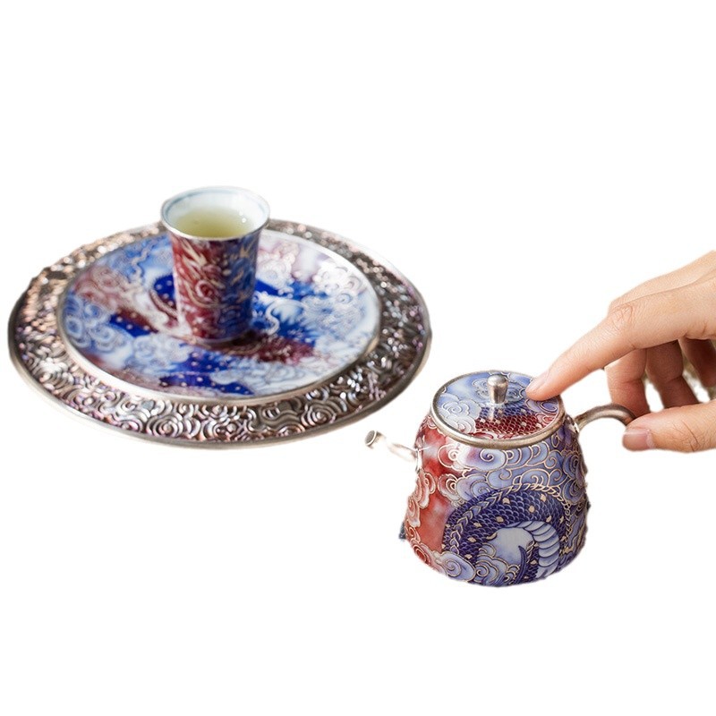 He Fusen bộ ấm trà rồng trắng xanh mạ bạc tặng quà sinh nhật nam nữ lãnh đạo người lớn tuổi
