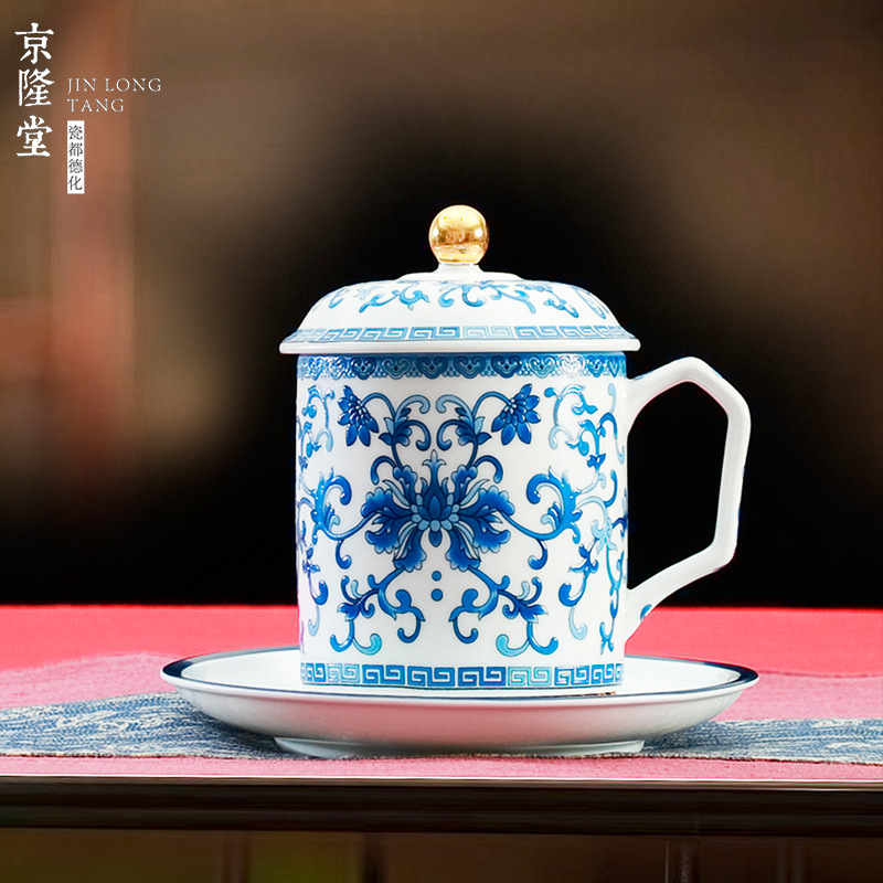 Cốc trà gốm sứ trắng xanh có nắp cốc văn phòng cá nhân cốc nước cao cấp cho nam bán buôn hộp quà tặng