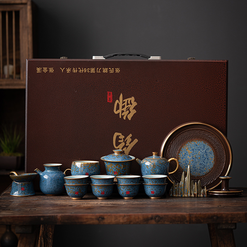 Bộ ấm trà Kung Fu sứ Jun cao cấp ấm trà gia dụng hộp quà tặng văn phòng gốm sứ cao cấp sang trọng