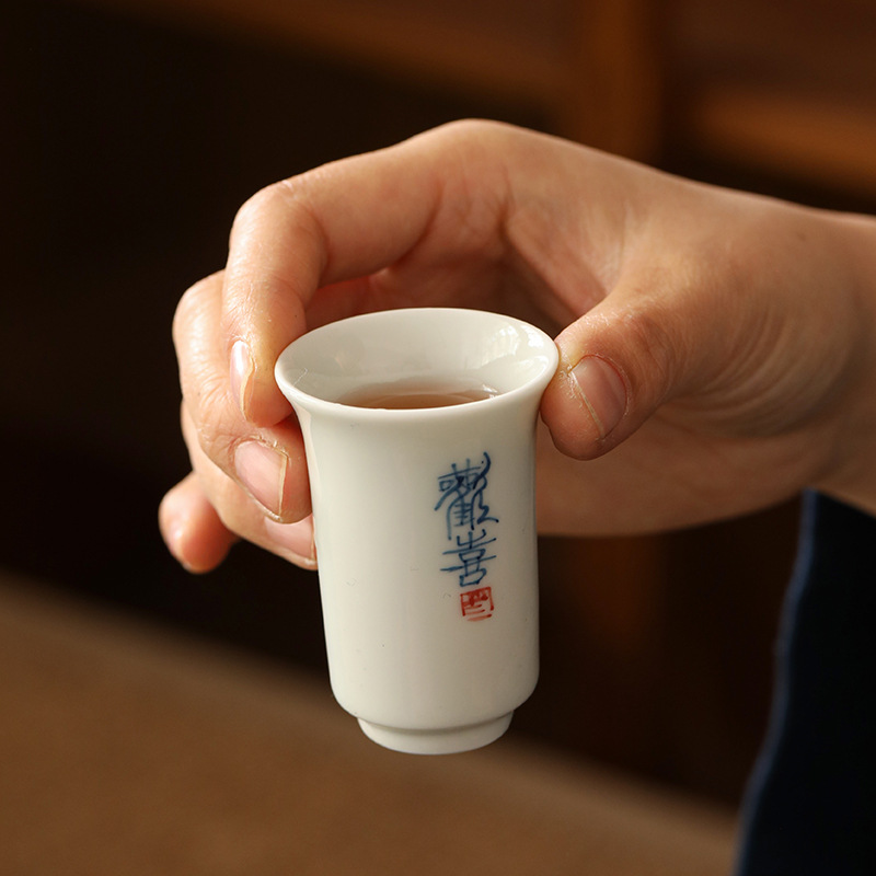 Cốc chủ sứ thư pháp VIẾT tay màu xanh và trắng tráng men cổ điển cốc đơn cốc hương thơm cốc trà Bộ trà Kung Fu cốc trà