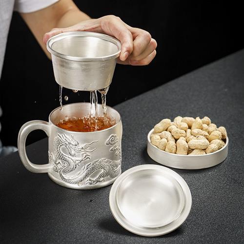 Bộ trà quà tặng cốc bạc thật ví bạc cốc trà bạc có nắp lọc sứ mạ bạc tách nước cốc văn phòng tách trà