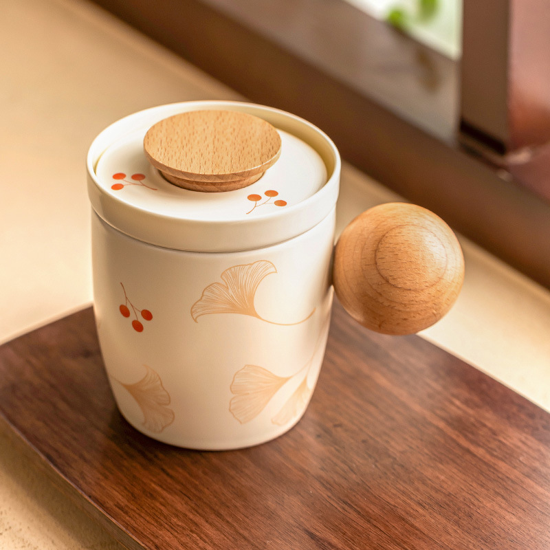 Cốc mug bạch quả màu be có nắp bóng cốc văn phòng cốc tách nước trà gia dụng cốc nước gốm cốc trà đơn