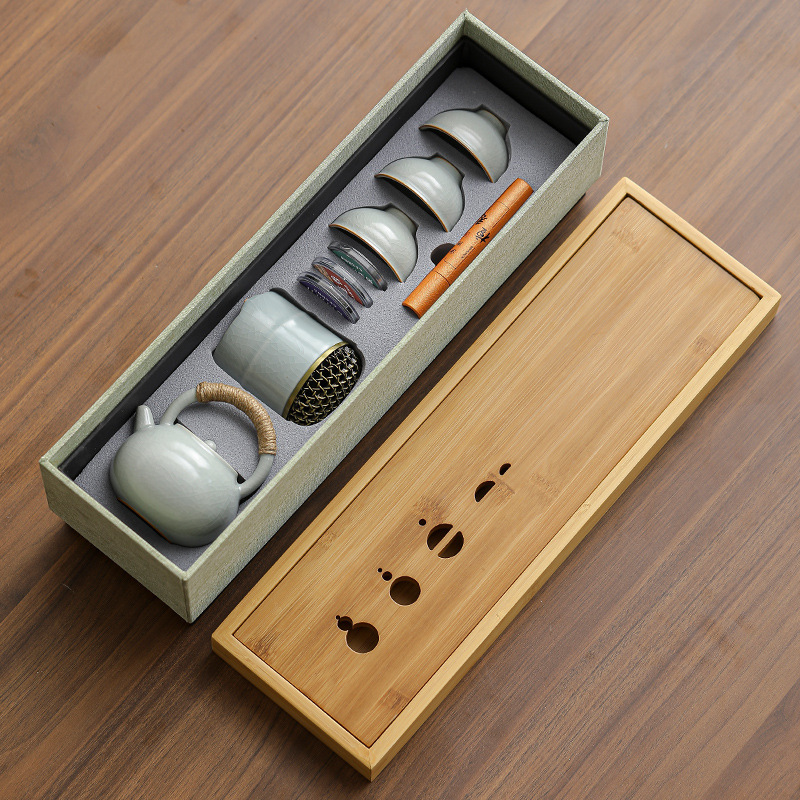 Bộ dụng cụ pha trà Ru Kiln trọn bộ gia dụng bộ nhỏ khay trà cốc trà Kung Fu cao cấp sang trọng nhẹ ấm pha trà hộp quà tặng lưu niệm