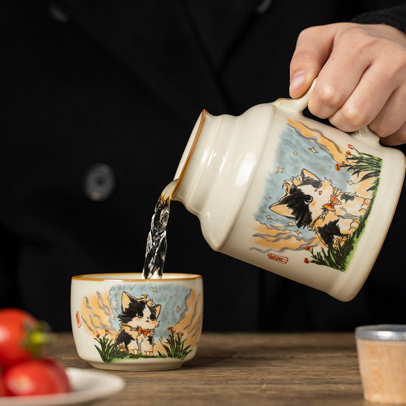 Cốc pha trà ấm mèo dễ thương Ru Kiln cốc pha trà hầm gốm sứ sáng tạo dung tích lớn cho văn phòng cốc uống nước
