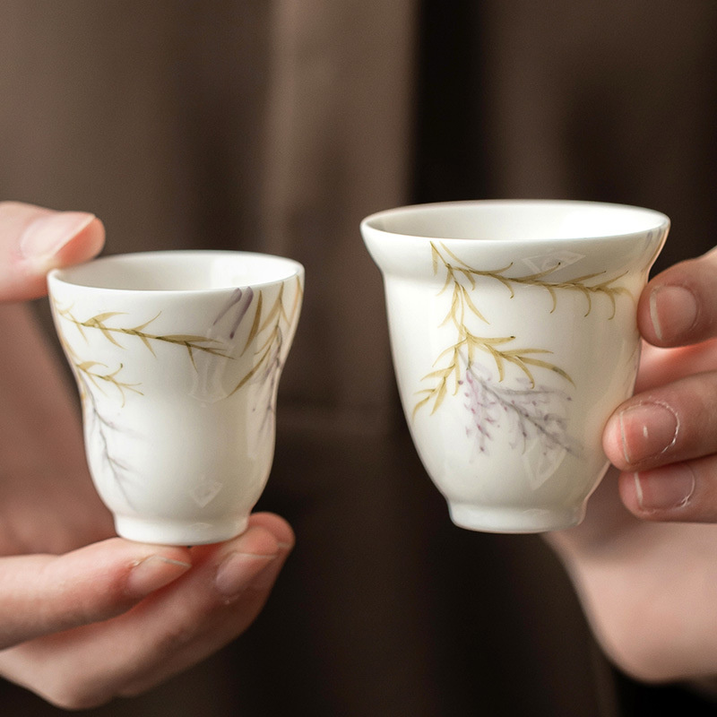 Cốc trà cao cấp vẽ tay hoa tử đằng gấp mép cốc chủ nhân chuyên dụng cá nhân bộ trà gia dụng kiểu Trung Quốc chén trà
