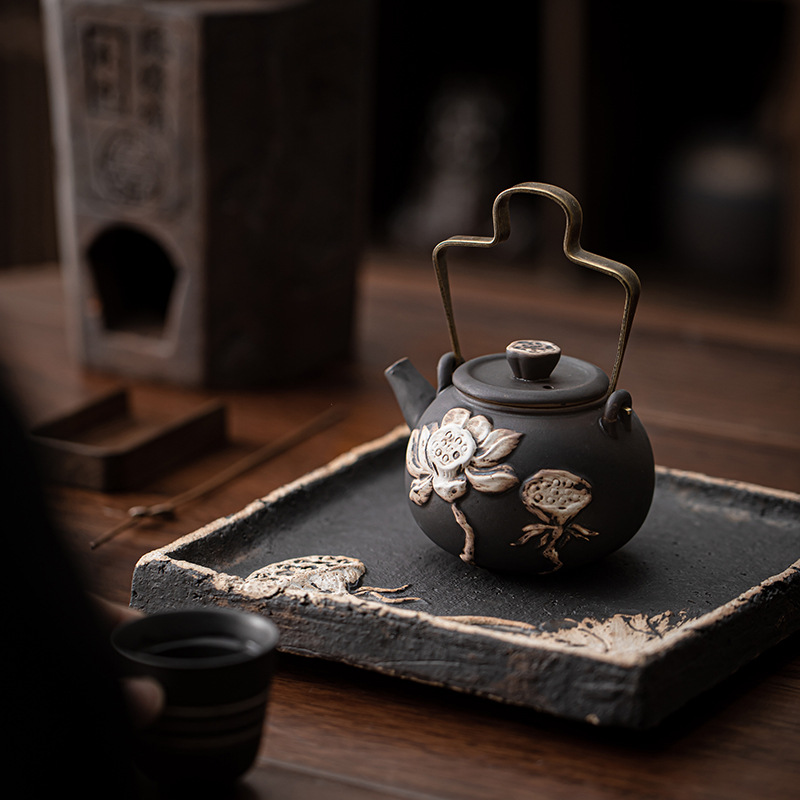 Wabai Jifeng Lotus Rhyme Handle Rhyme Dụng cụ pha trà có lỗ lọc bằng gốm thô Bộ trà Kung Fu Ấm trà thủ công Ấm đơn