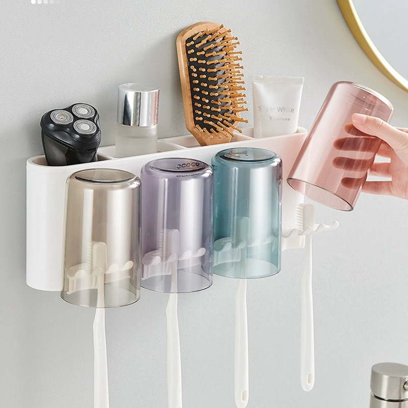 Giá để bàn chải đánh răng cốc nước súc miệng không đục lỗ Cốc đánh răng cốc treo tường phòng tắm treo tường bộ dụng cụ đánh răng điện