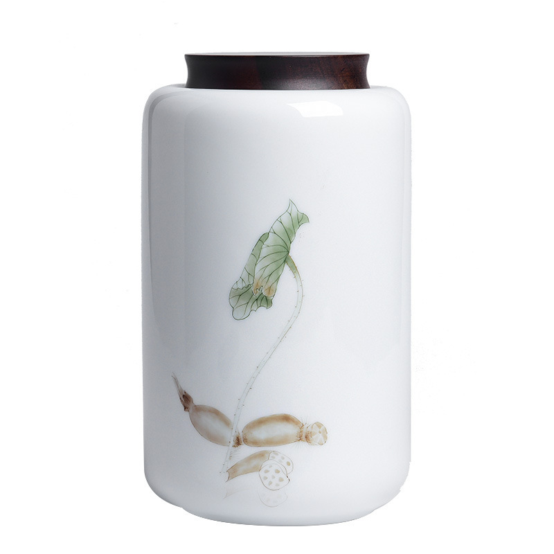 Hộp đựng trà sứ trắng vẽ tay, hộp đựng trà hoa gia dụng Pu'er, hộp đựng gỗ đàn hương đen, hộp chống ẩm, bán buôn gốm sứ cỡ lớn