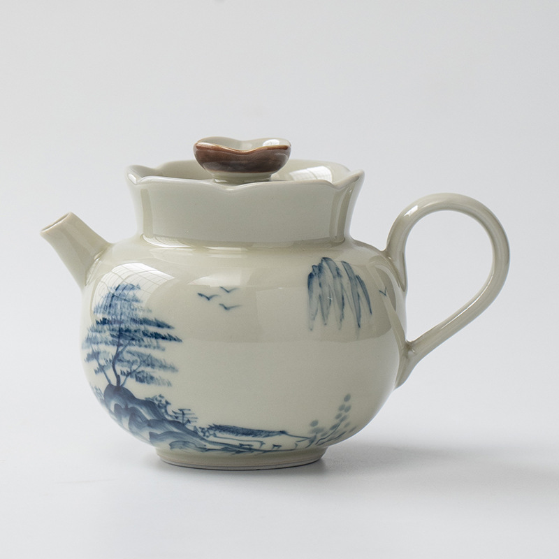 Ấm trà vẽ tay tráng men với phong cảnh tro gỗ, ấm đơn có lỗ lọc bóng, bộ trà kung fu gia dụng cao cấp để pha trà.