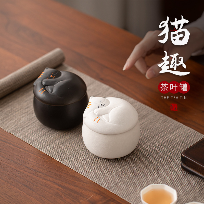 Hộp đựng trà gốm sứ dễ thương mèo, hộp kín chống ẩm, hộp đựng trà du lịch cỡ nhỏ cầm tay, hộp đựng trà