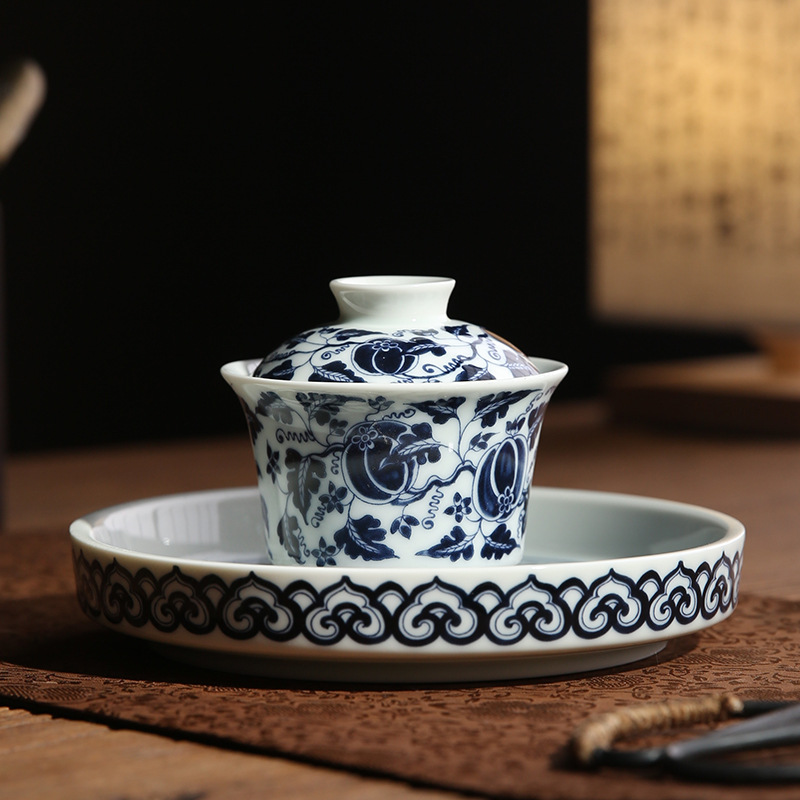 Cốc trà bát có nắp ba tài bằng gốm sứ xanh và trắng Jingdezhen Bộ trà bát pha trà Kung Fu cao cấp duy nhất bộ ấm trà