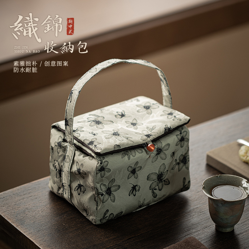 Túi lưu trữ bông dệt hoa cúc bộ trà du lịch xách tay ngoài trời túi xách tay cốc trà gia dụng túi vải chống va đập