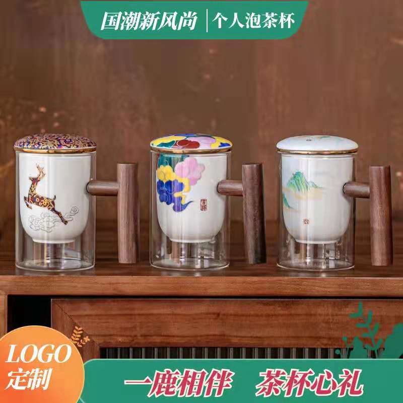 Cốc pha trà lọc bằng gốm tay cầm bằng gỗ Juting Cốc pha trà tách nước trà thủy tinh có nắp cốc trà hoa tùy chỉnh