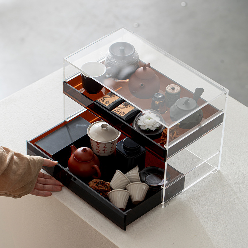 Khay trà acrylic ngăn kéo hai tầng bộ trà ấm trà giá trưng bày lưu trữ gia dụng giá trưng bày Bogu phụ kiện trà