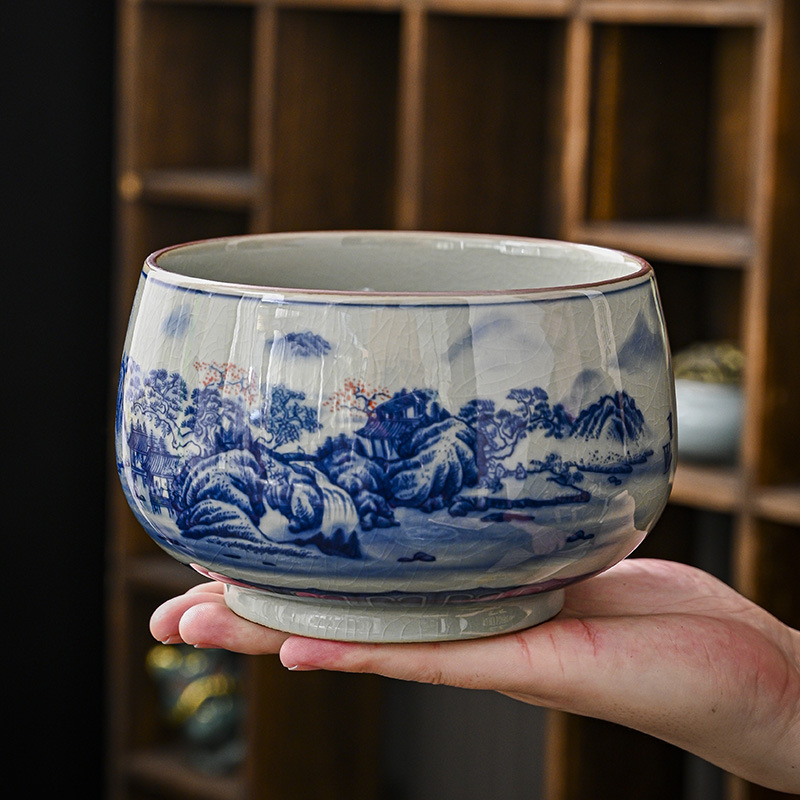 Bể rửa trà sứ xanh và trắng Jingdezhen lớn gốm sứ cổ điển Jianshui chén trà cao cấp thùng trà xỉ lớn