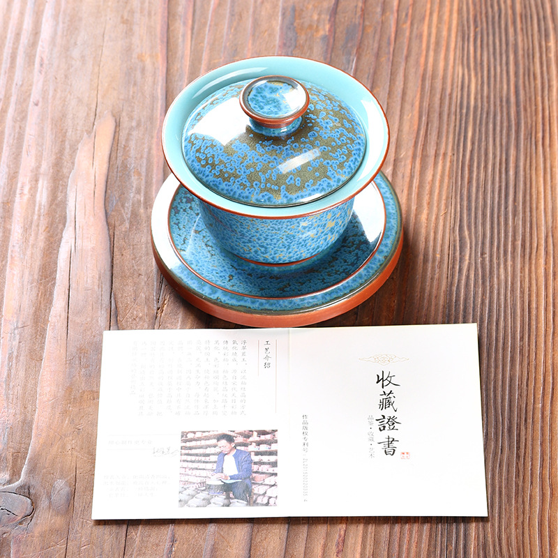 Bát có nắp sứ Jun biến lò nung nổi ngọc xanh lam dụng cụ pha trà gốm sứ tam tài bát trà cao cấp làm bằng tay bát có nắp cỡ lớn bán buôn