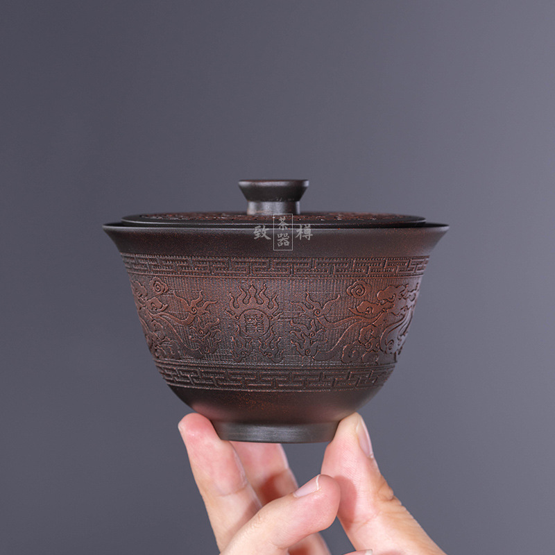 Vân Nam quặng nguyên thủy gốm tím hoa văn rồng bát có nắp bộ trà cốc có nắp làm bằng tay bộ trà công phu bát pha trà gia dụng