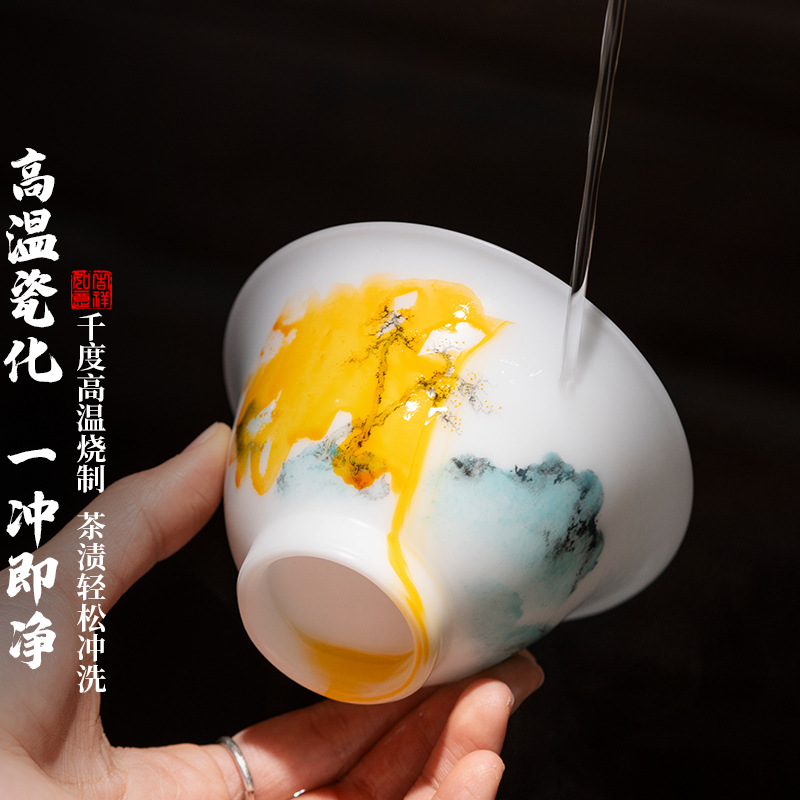 Bộ trà ngọc bích vẽ tay của bậc thầy di sản văn hóa phi vật thể dành cho gia đình, Bộ hoàn chỉnh với Gaiwan, Tách trà gốm pha trà cao cấp.