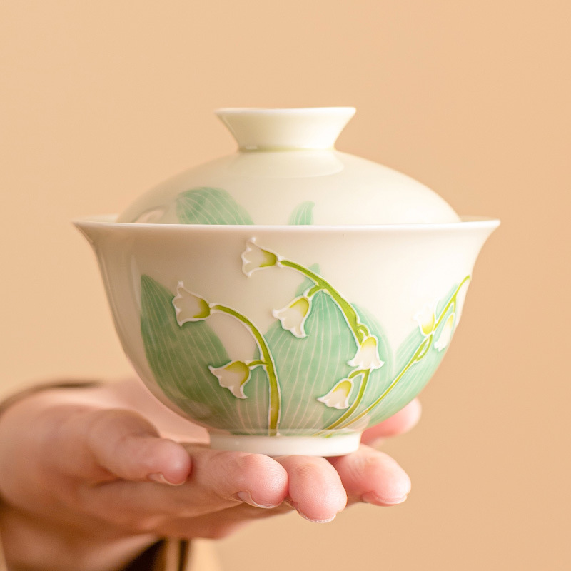 Vẽ tay ngọc lan cốc trà cốc trà gốm sứ có nắp bát pha trà kung fu dung tích lớn không nóng đơn
