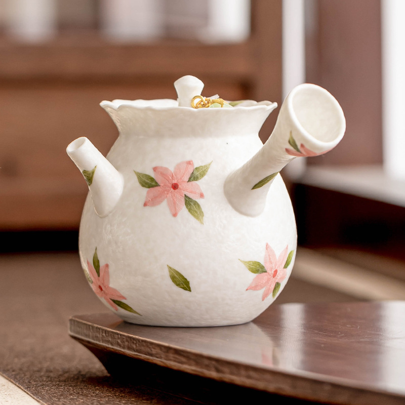 Ấm trà tay cầm bên hoa anh đào trắng mỏ đá ấm trà pha trà tay chống bỏng tinh xảo cao cấp ấm trà gốm sứ gia dụng dụng cụ trà kungfu