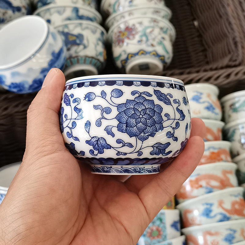 Bộ ấm chén trà sứ Jingdezhen, chén sen, chén đơn, chén lớn, màu xanh trắng