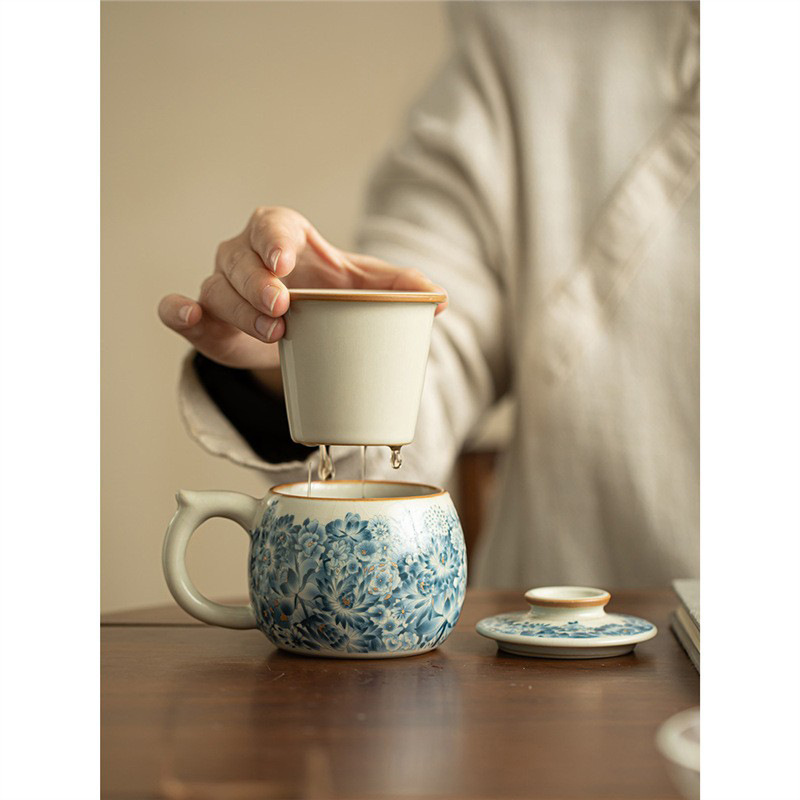 Cốc pha trà lọc gốm sứ Ru Kiln Jinwanhua Cốc pha trà tách trà cốc văn phòng có nắp chuyên dụng cá nhân