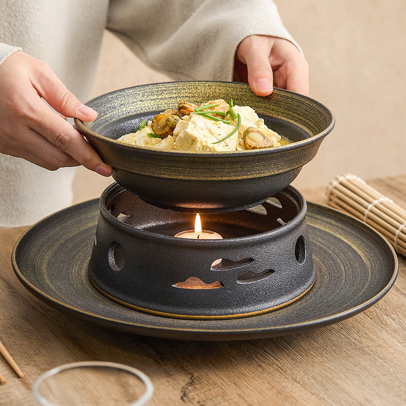 Nồi khô làm nóng cồn cát vàng đen vẽ tay Bộ đồ ăn khách sạn phong cách Nhật Bản cổ điển Bộ đồ ăn cách nhiệt Bát đĩa bếp mở Bộ đồ ăn có đĩa