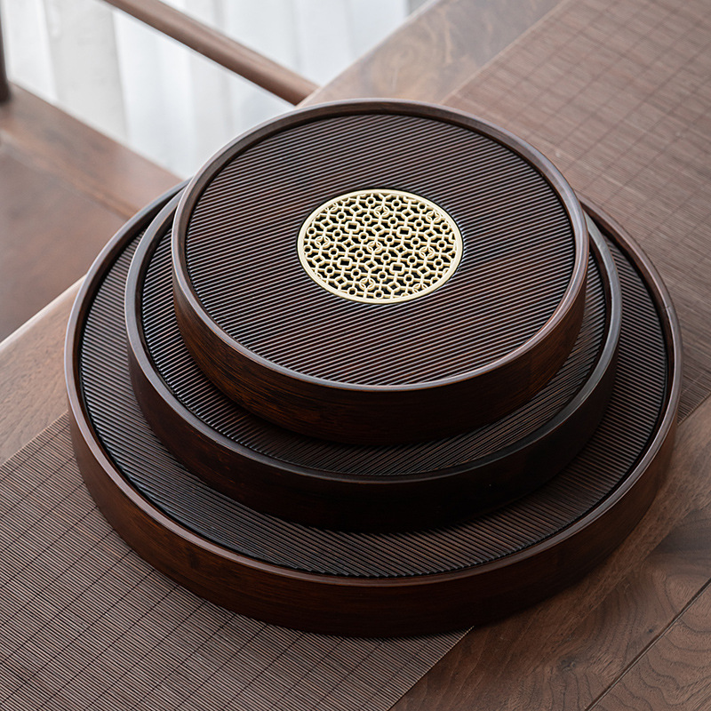 Khay trà màu quả óc chó bằng tre, khay đựng trà Kung Fu đơn giản gia dụng, Khay trà hình tròn, Khay trà pha khô kiểu trữ nước, loại nhỏ