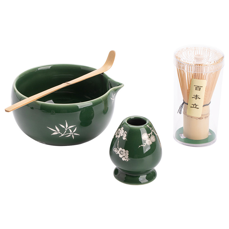 Bát Matcha nửa mặt có ren kiểu Nhật, bình trà sứ xanh, bàn chải trà đứng, dụng cụ làm trà, phụ kiện trà đạo