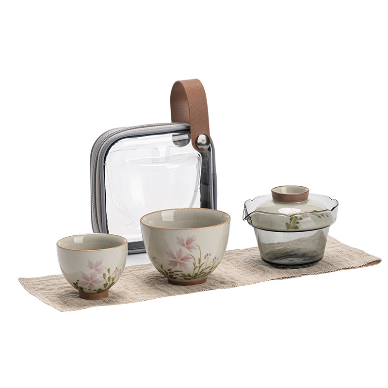 Vẽ tay hoa cúc nhỏ cốc khách nhanh gốm sứ ngoài trời một bình Hai cốc Bộ trà du lịch ấm trà Di động Túi du lịch