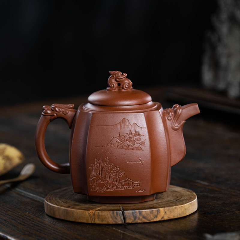 Bán buôn ấm đất sét Tím Yixing Zhuni Dahongpao Sifang Dragon Pot Pixiu Gốm chạm khắc Long Xing Tianxia Pot