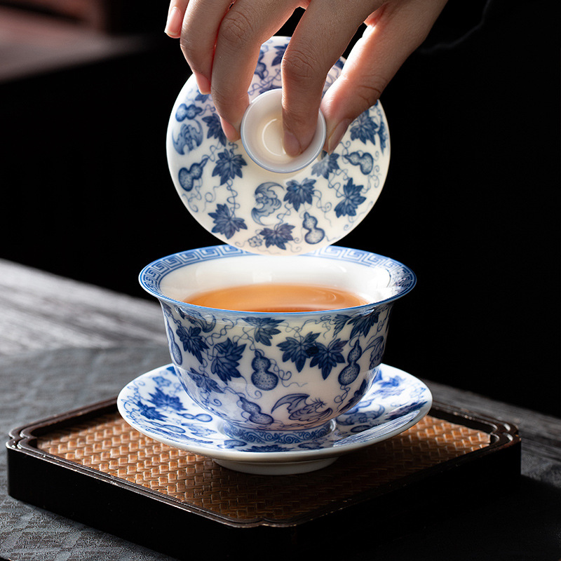 Jingdezhen Ercai có nắp, sứ trắng xanh vẽ tay, hình ảnh Fulu, chén trà tráng men gốm cao cấp đơn, cốc pha trà Kung Fu