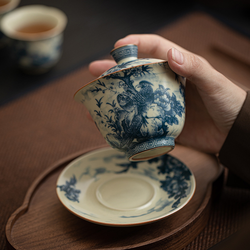 Dòng lò Ru cổ gốm sứ ba tài có nắp, cánh ve sầu, dây vàng, dây sắt, bát trà có thể nuôi được kiểu Trung Quốc, bao bì hộp quà