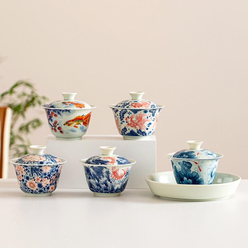 Bộ ấm chén trà Kung Fu cổ điển men gốm Sancai phủ men xanh trắng, có nắp, chén lớn, cao cấp, có thể để trên bàn