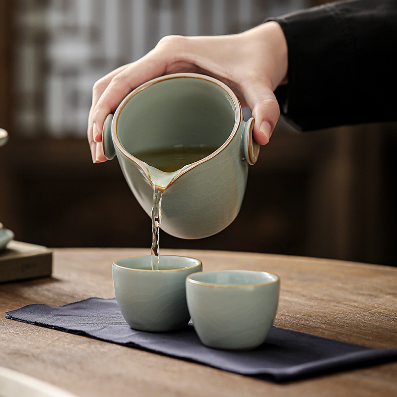 Bộ ấm trà du lịch Ru Kiln, cốc khách nhanh di động, một ấm hai cốc, cốc trà Kung Fu ngoài trời, túi đựng ấm pha trà