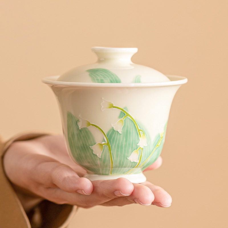 Hàng đống vẽ tay chạm khắc hoa lan thung lũng bát nắp nhị tài cốc trà bát trà gốm sứ gia dụng bát trà Kung Fu cỡ lớn có nắp chống bỏng