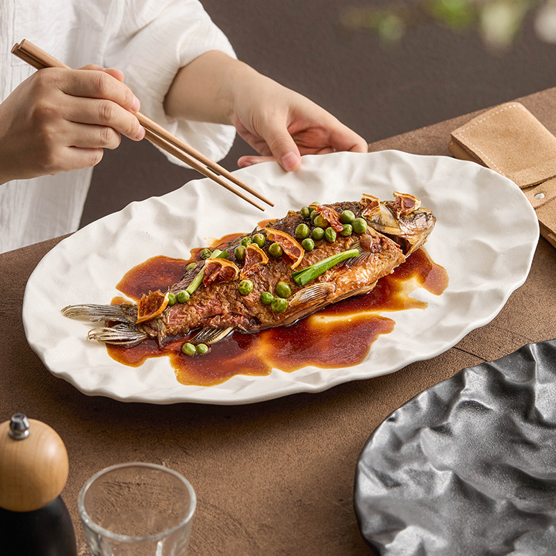 Đĩa cá hoa văn vải Đĩa cá hấp chịu nhiệt độ cao Đĩa món ăn gia dụng Bộ đồ ăn khách sạn Đĩa ăn kết cấu mờ cao cấp Đĩa hình bầu dục