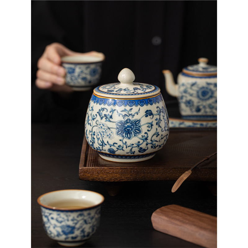 Hộp đựng trà gốm hoa sen xanh trắng Ruyao, hộp kín lưu trữ dung tích lớn gia dụng, phụ kiện bộ trà Kung Fu bán buôn