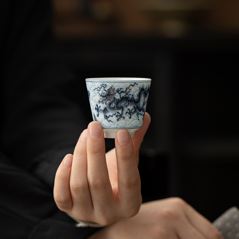 Cốc trà nhỏ Kung Fu gốm sứ hoa văn rồng vàng bạc cốc pha trà gia dụng cốc thưởng thức cốc chủ nhân cổ điển cốc đơn cốc uống trà