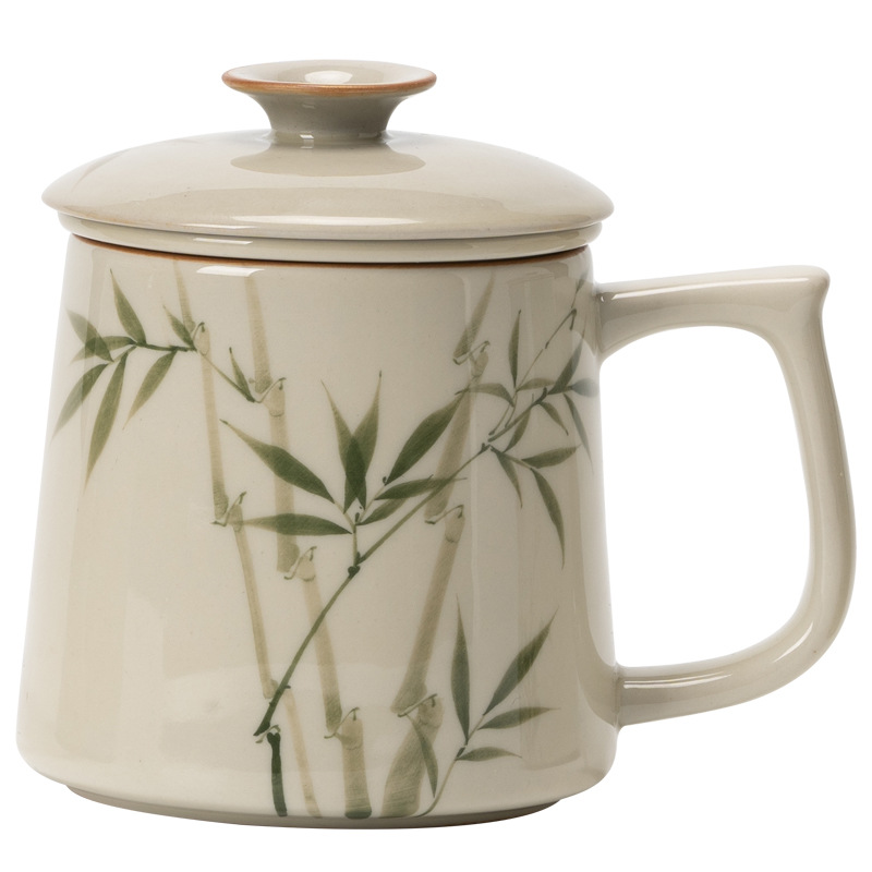 Cốc văn phòng bằng tre xanh ngọc bích vẽ tay cốc trà cốc nước gốm sứ cốc tinh tế cao cấp cốc lọc trà có nắp