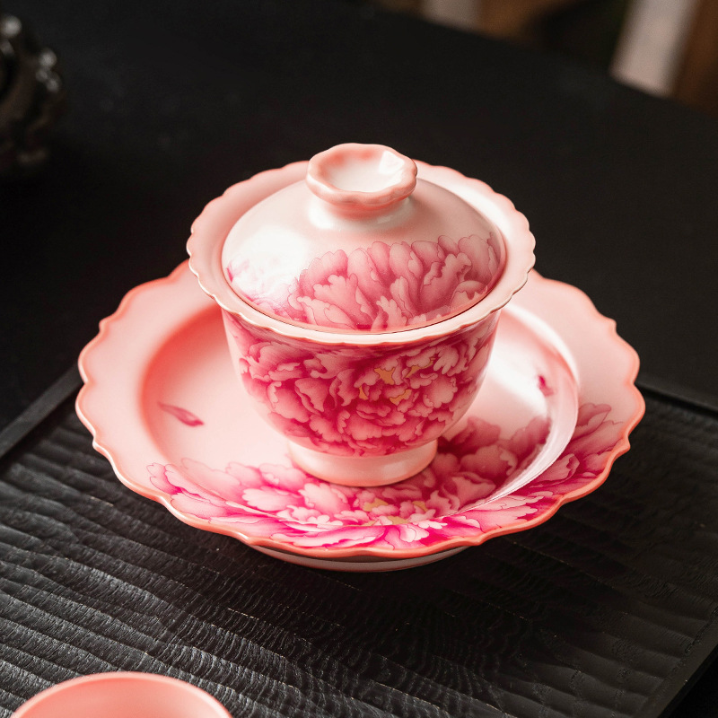 Cốc trà có nắp Sancai màu đỏ quốc gia bát trà hoa mẫu đơn pha trà bộ trà gia dụng văn phòng giá trị cao cho nữ