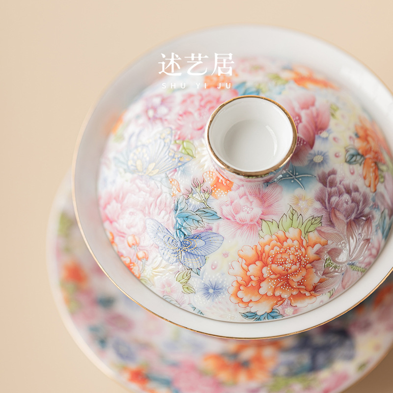 Bộ ấm trà Trăm hoa tráng men bộ lớn ấm trà gốm sứ phòng khách gia dụng có nắp cốc trà cao cấp tặng lãnh đạo hộp quà