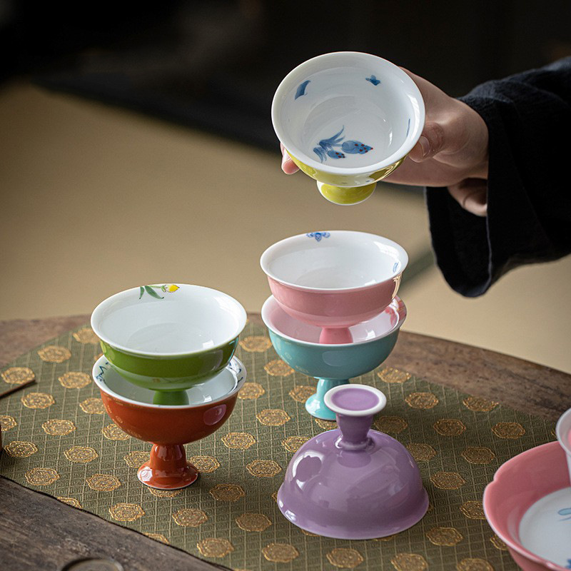 Cốc trà chân cao hoa anh đào vẽ tay, cốc chủ nhân màu hồng, cốc đơn nữ, bát trà đơn, chén trà gốm sứ cỡ lớn